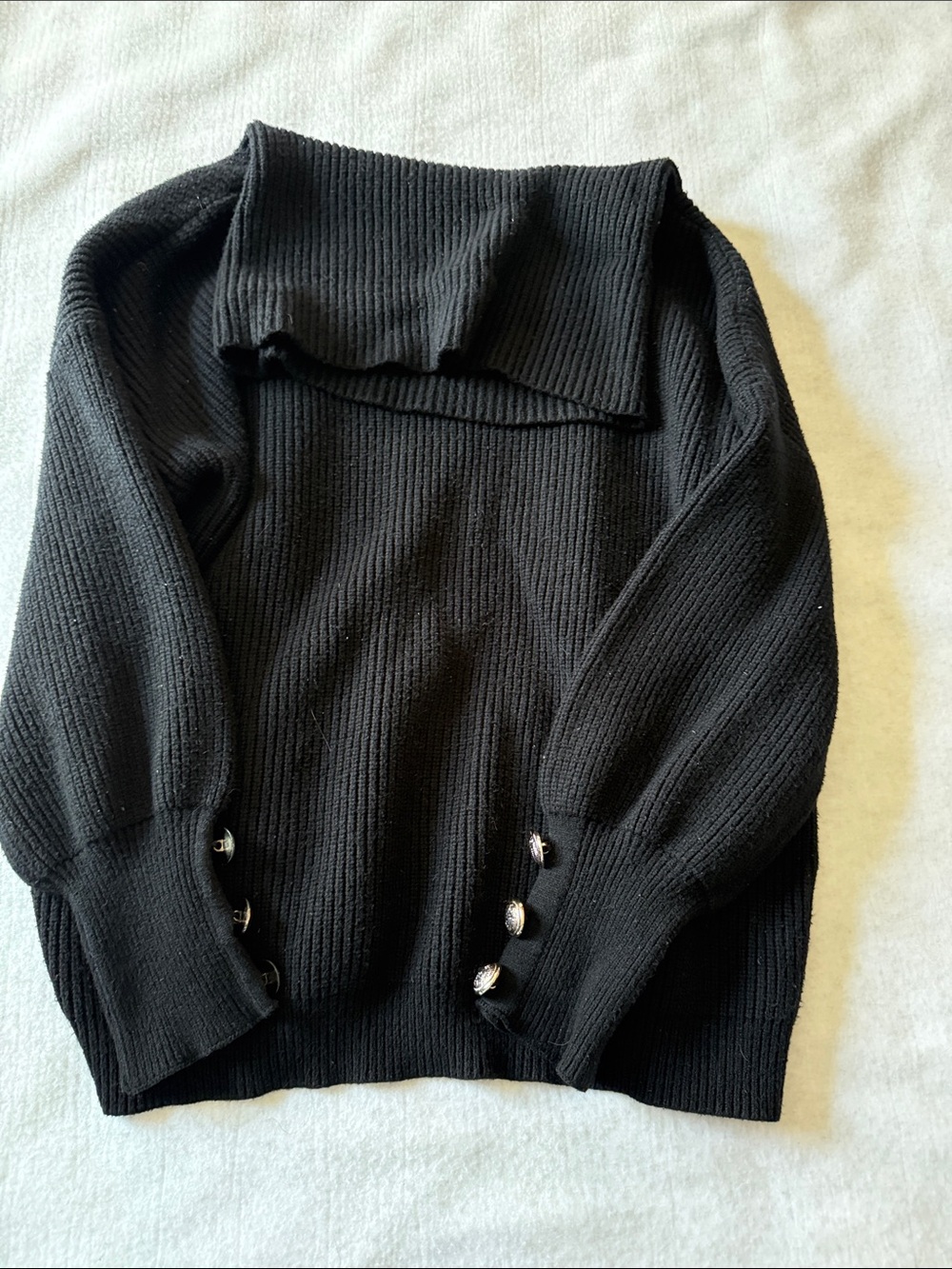 Black Off-Shoulder Ribbed Sweater with Button Cuffs